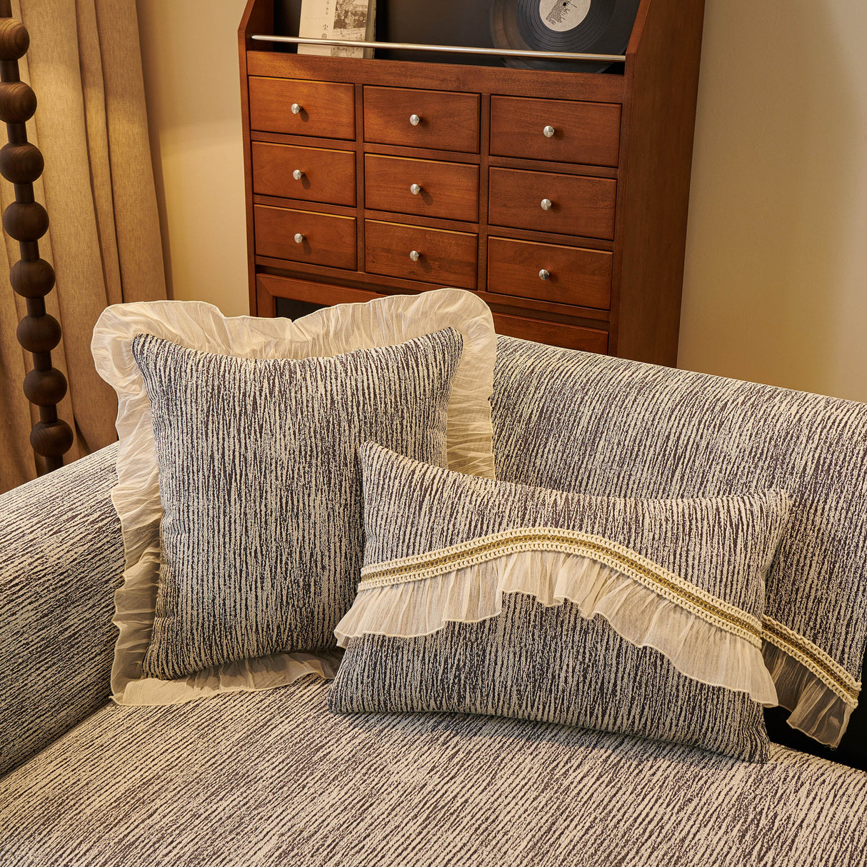 French Vintage Style Couch Cover with Skirt,  Non-Slip Sectional Furniture Covers