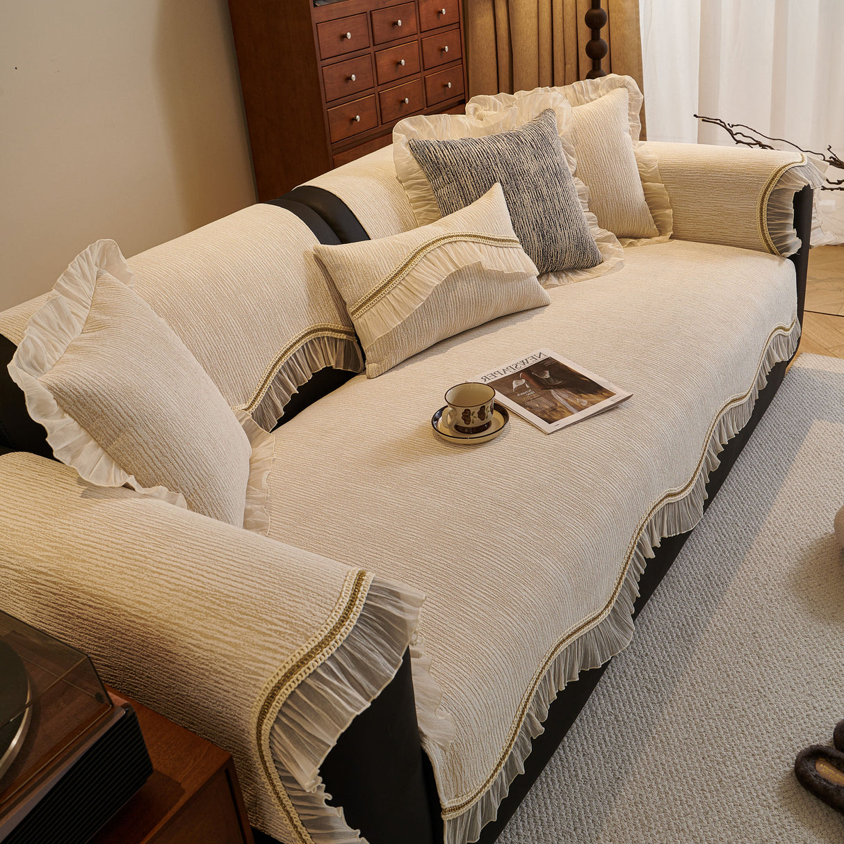 French Vintage Style Couch Cover with Skirt,  Non-Slip Sectional Furniture Covers