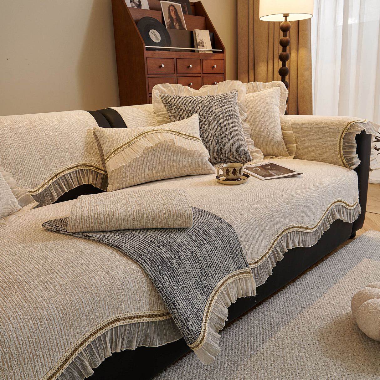 French Vintage Style Couch Cover with Skirt,  Non-Slip Sectional Furniture Covers