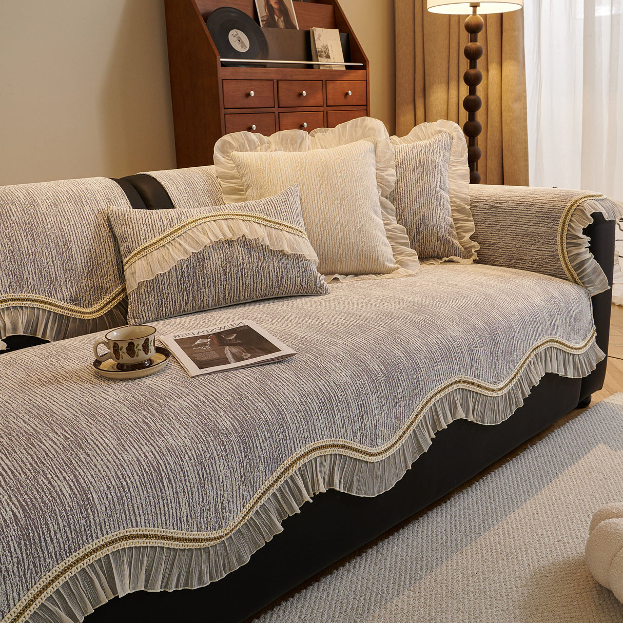 French Vintage Style Couch Cover with Skirt,  Non-Slip Sectional Furniture Covers