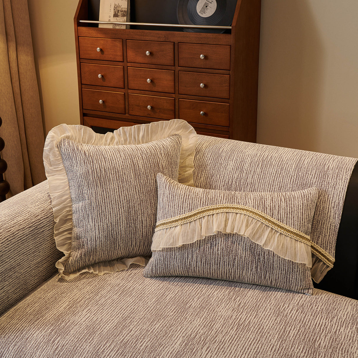 French Vintage Style Couch Cover with Skirt,  Non-Slip Sectional Furniture Covers