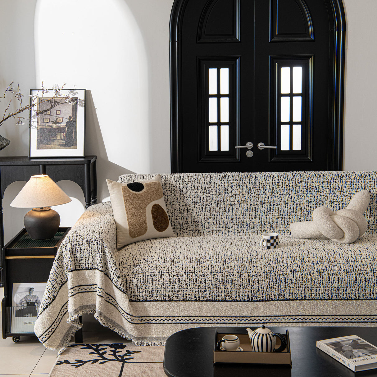 Textured Woven Furniture Protector for Couch, Rustic Farmhouse Sofa Throw Blanket