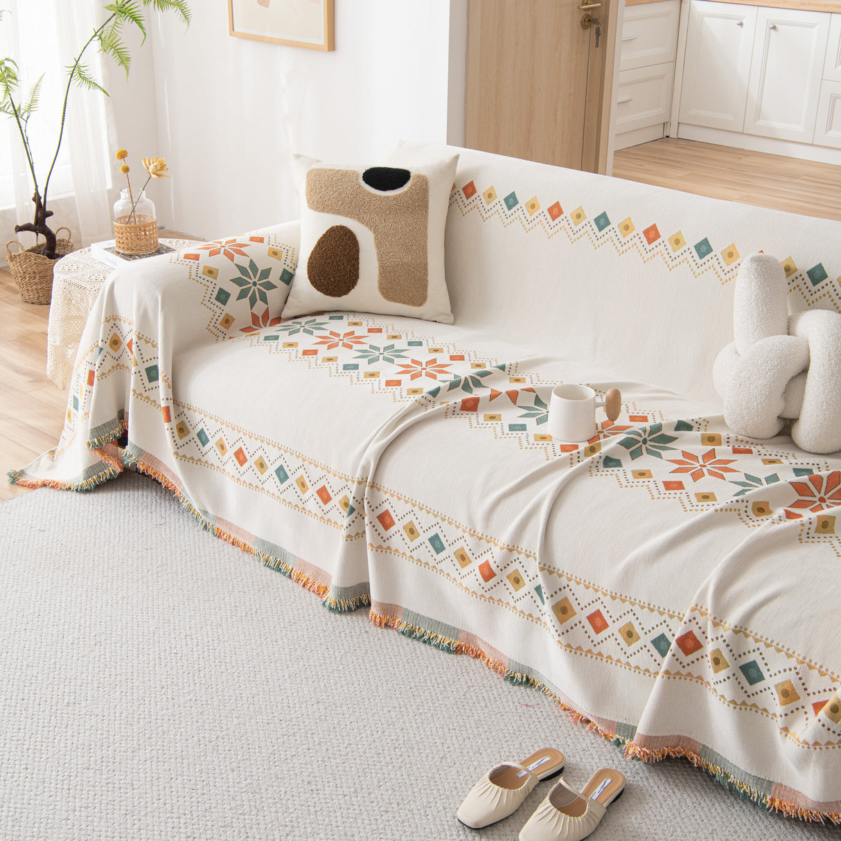 Bohemian Geometric Sofa Throw Cover, Cozy & Protective Ethnic-Inspired Couch Cover