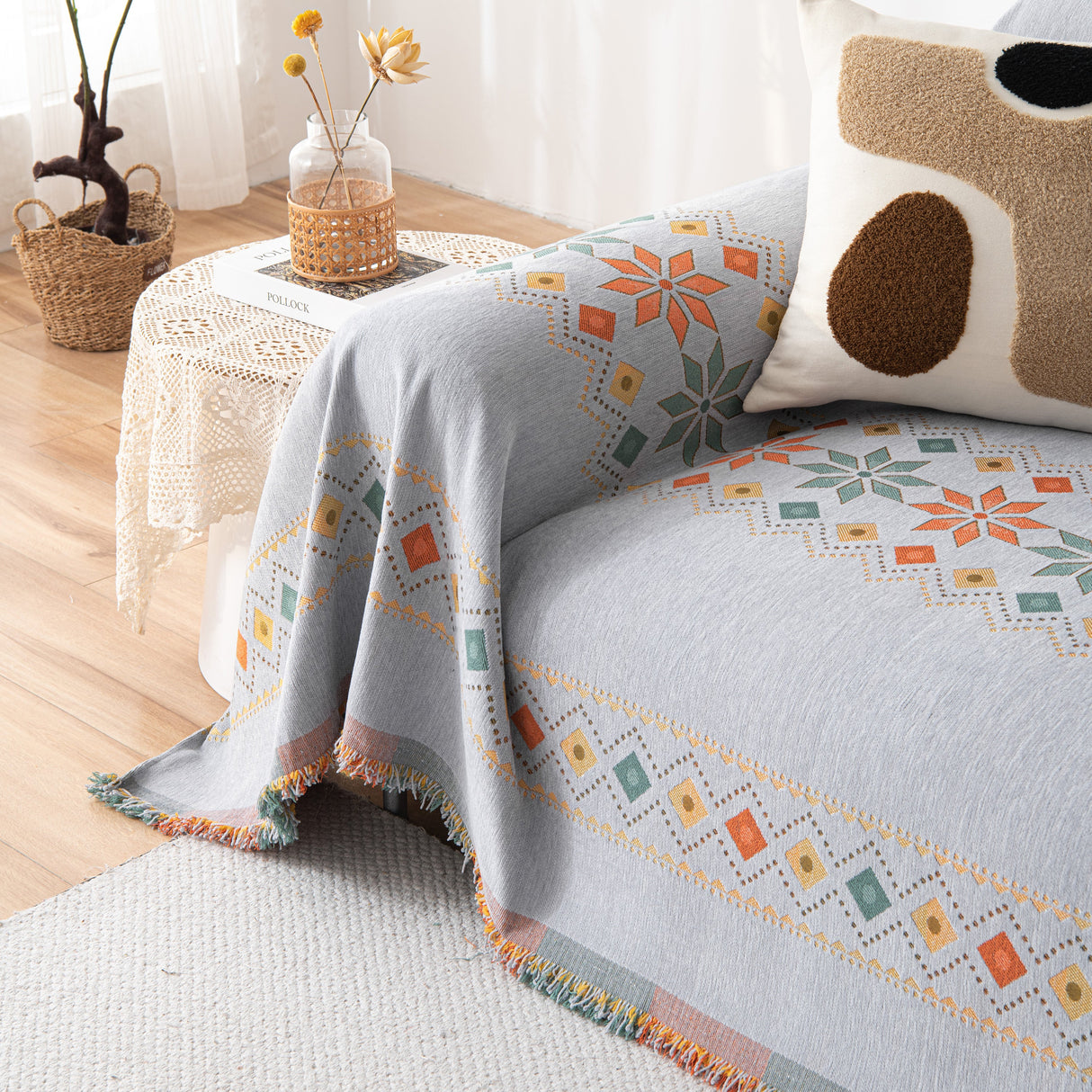 Bohemian Geometric Sofa Throw Cover, Cozy & Protective Ethnic-Inspired Couch Cover