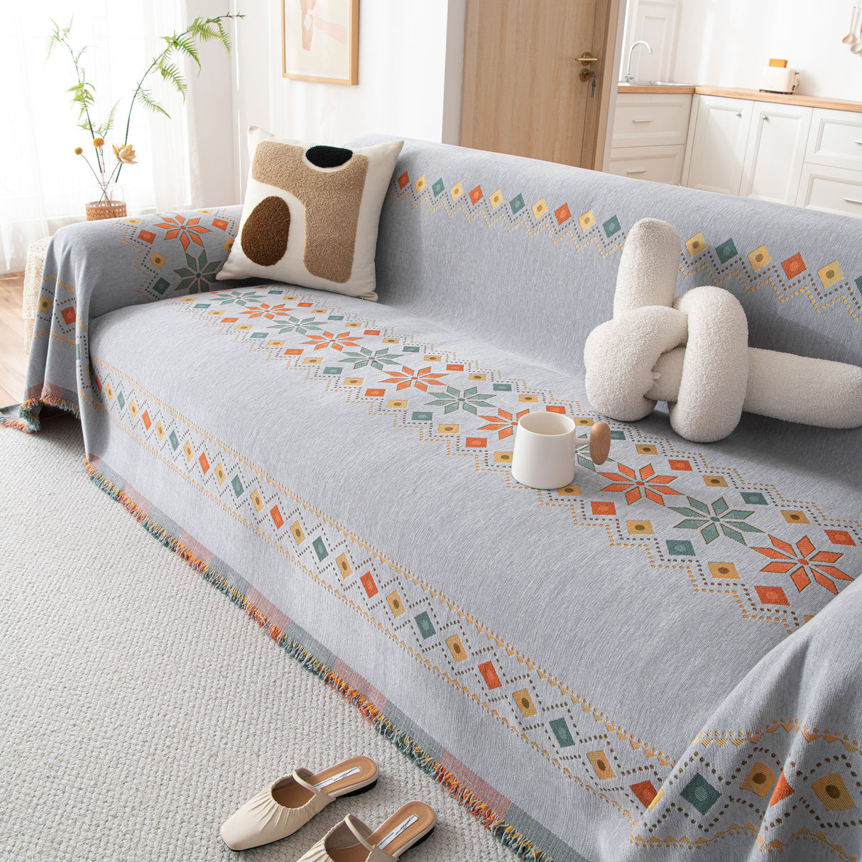 Bohemian Geometric Sofa Throw Cover, Cozy & Protective Ethnic-Inspired Couch Cover