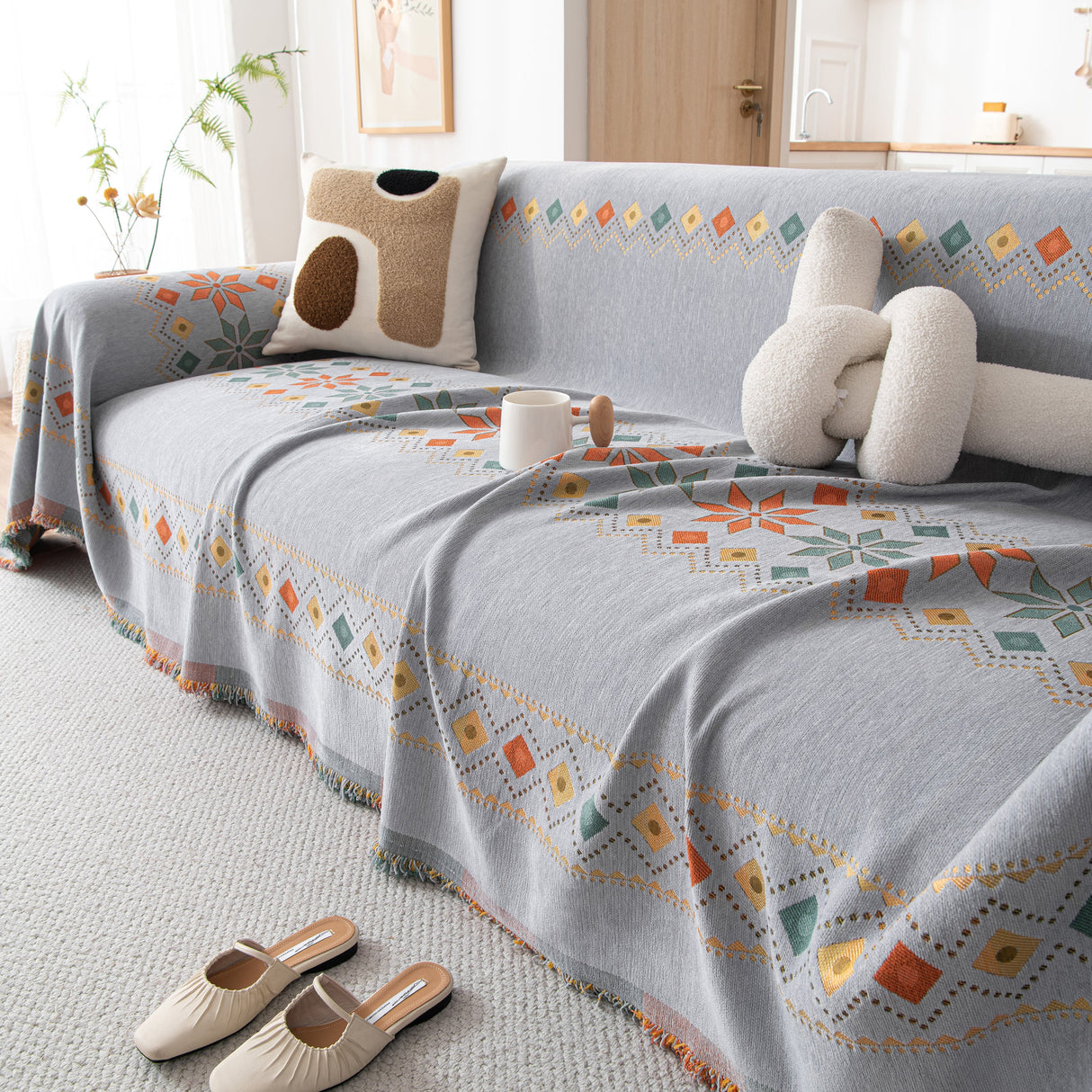 Bohemian Geometric Sofa Throw Cover, Cozy & Protective Ethnic-Inspired Couch Cover