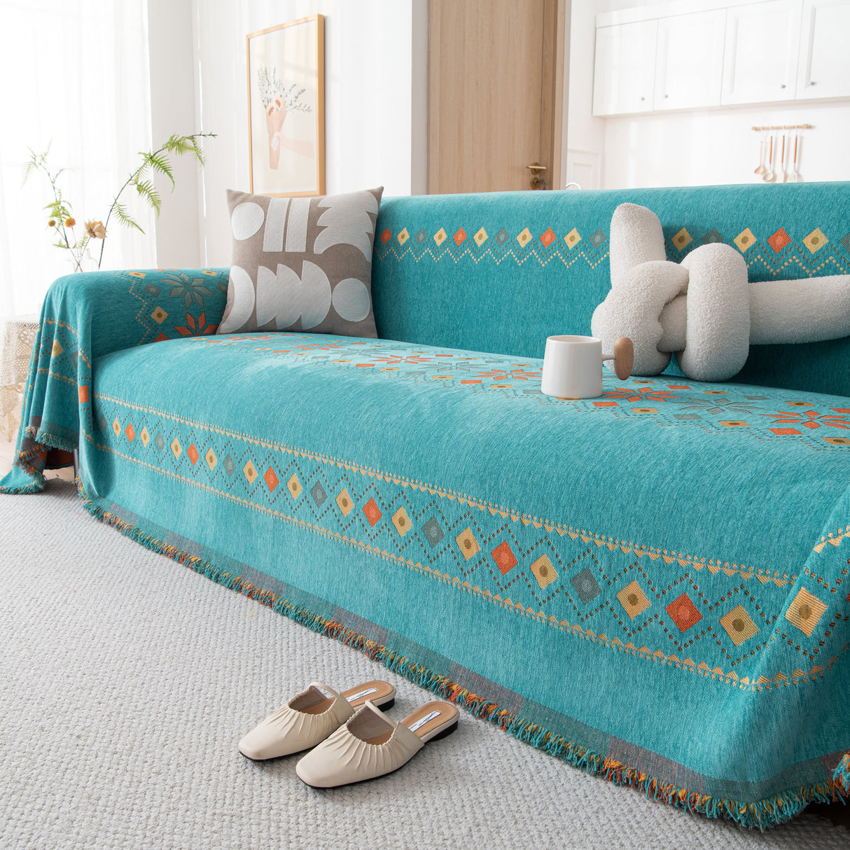 Bohemian Geometric Sofa Throw Cover, Cozy & Protective Ethnic-Inspired Couch Cover