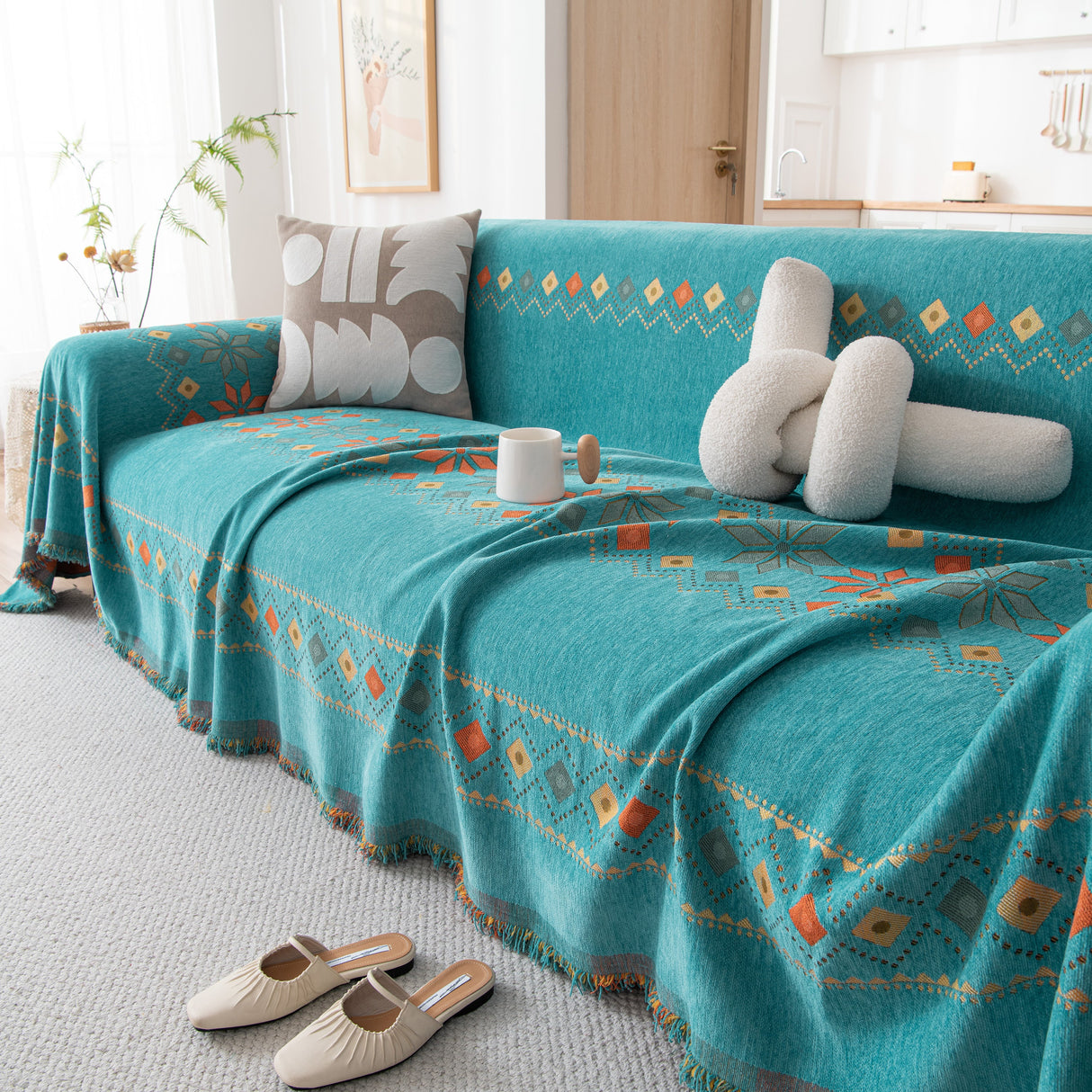 Bohemian Geometric Sofa Throw Cover, Cozy & Protective Ethnic-Inspired Couch Cover