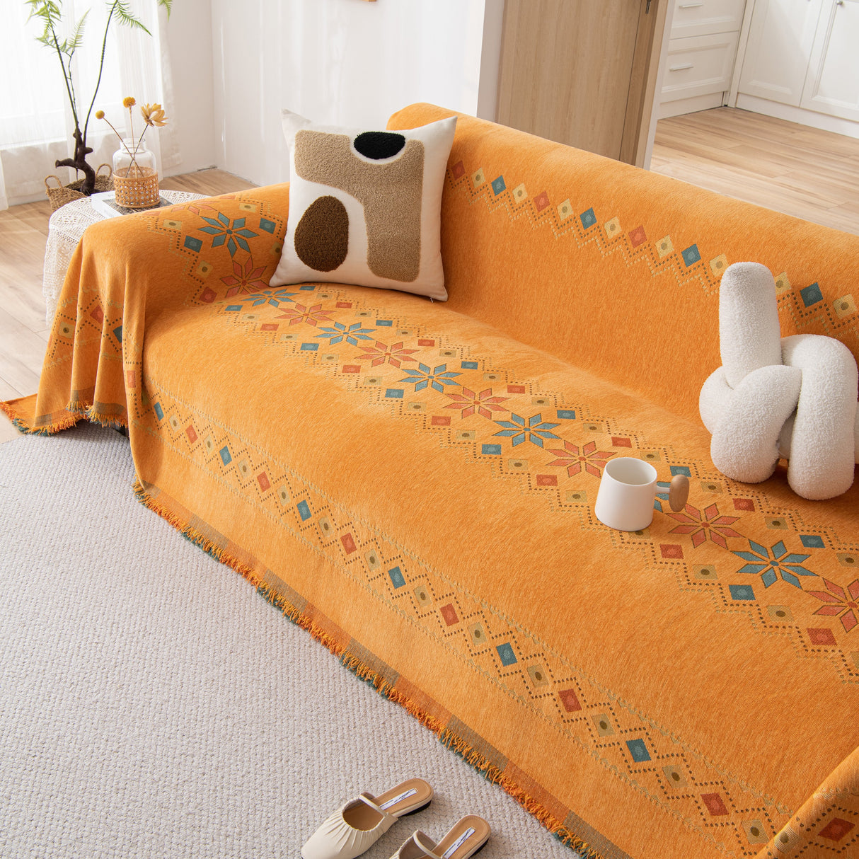 Bohemian Geometric Sofa Throw Cover, Cozy & Protective Ethnic-Inspired Couch Cover