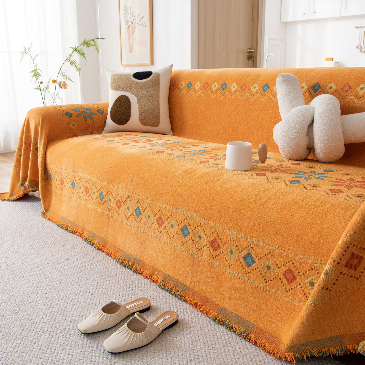 Bohemian Geometric Sofa Throw Cover, Cozy & Protective Ethnic-Inspired Couch Cover