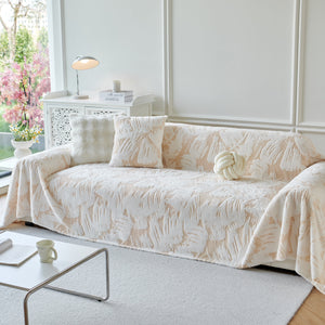 Plush Faux Fur Warm Sofa Cover with Waves Jacquard Textured Throw Blankets for Couch