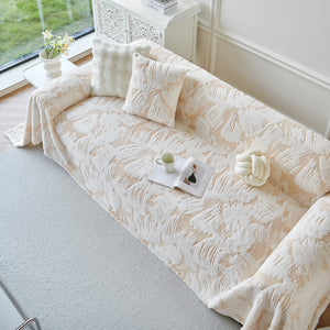 Plush Faux Fur Warm Sofa Cover with Waves Jacquard Textured Throw Blankets for Couch