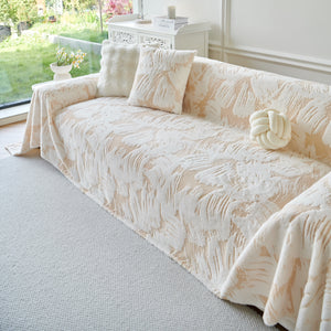 Plush Faux Fur Warm Sofa Cover with Waves Jacquard Textured Throw Blankets for Couch