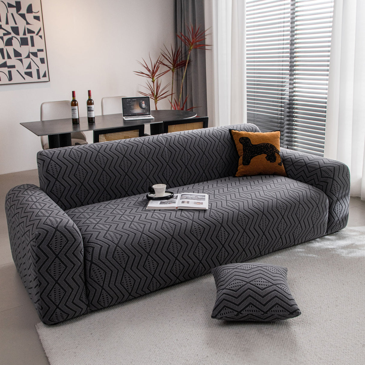 Modern Geometric Jacquard Sofa Slipcover, High Stretch 1-Piece Textured Couch Cover