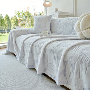 Plush Faux Fur Warm Sofa Cover with Waves Jacquard Textured Throw Blankets for Couch