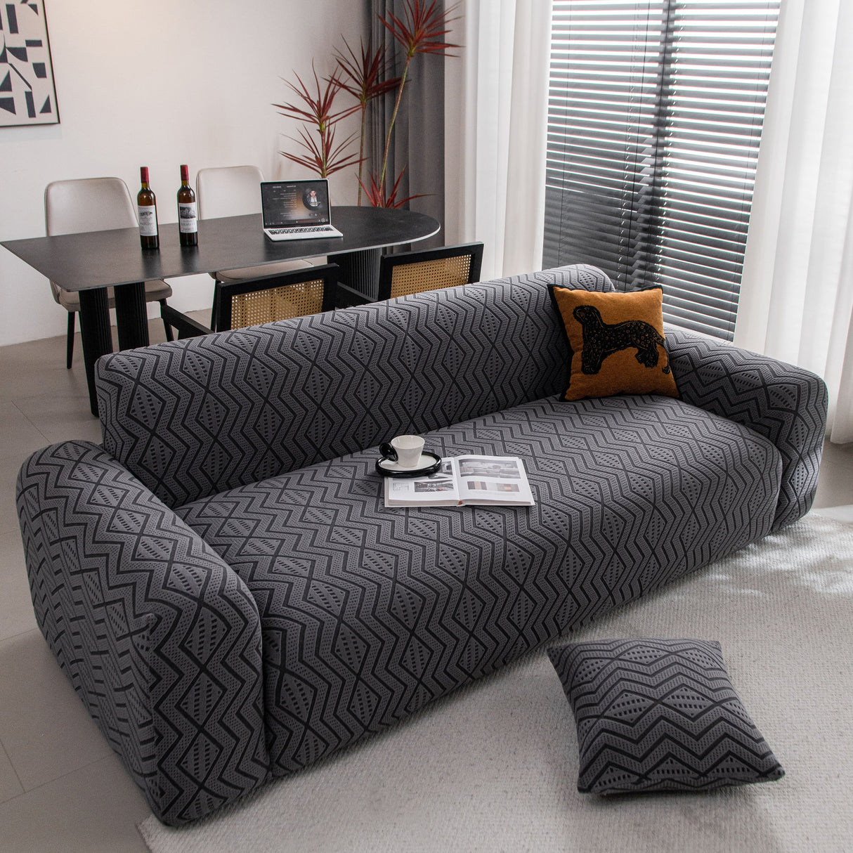 Modern Geometric Jacquard Sofa Slipcover, High Stretch 1-Piece Textured Couch Cover