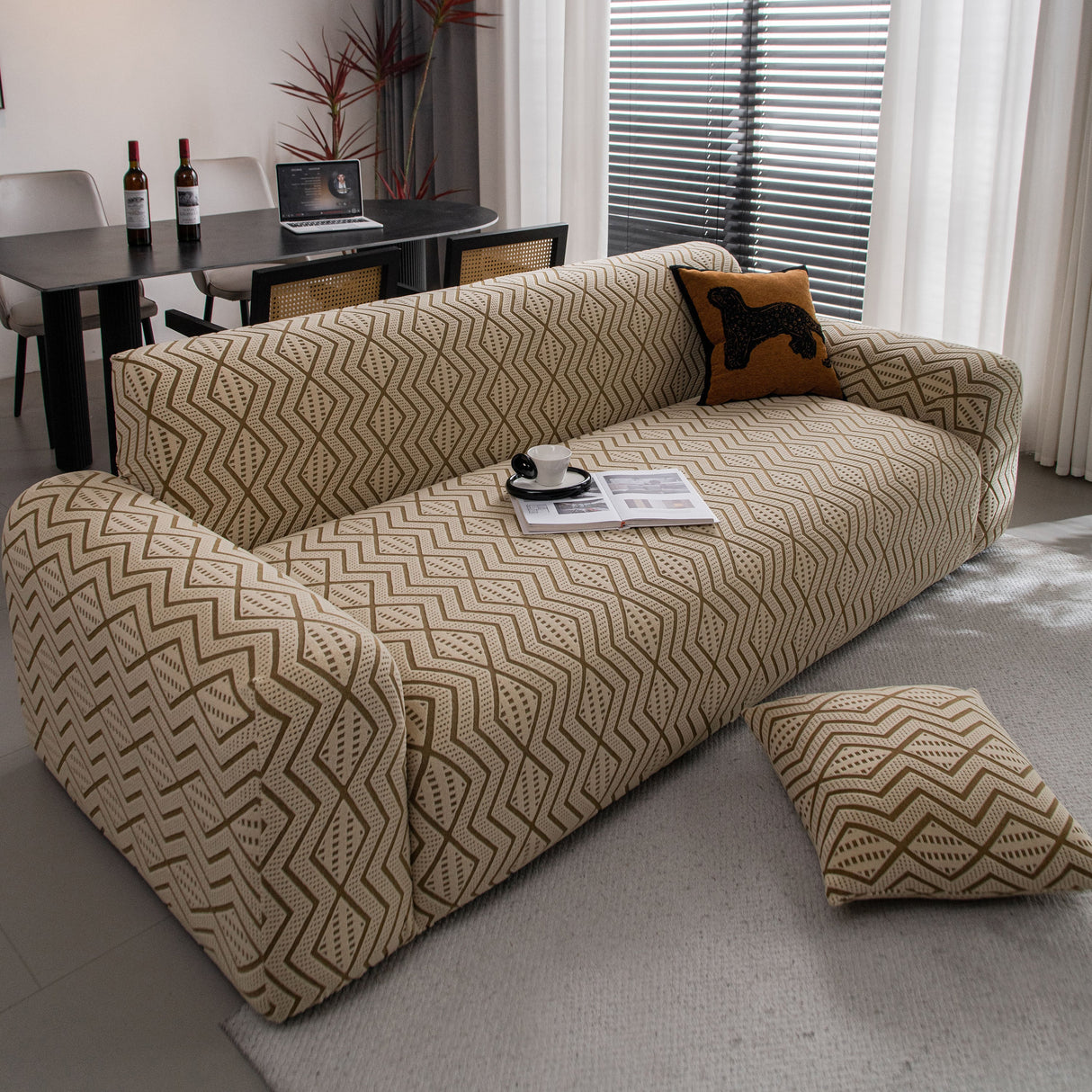 Modern Geometric Jacquard Sofa Slipcover, High Stretch 1-Piece Textured Couch Cover