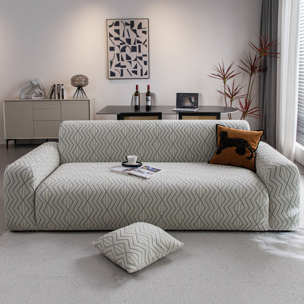 Modern Geometric Jacquard Sofa Slipcover, High Stretch 1-Piece Textured Couch Cover