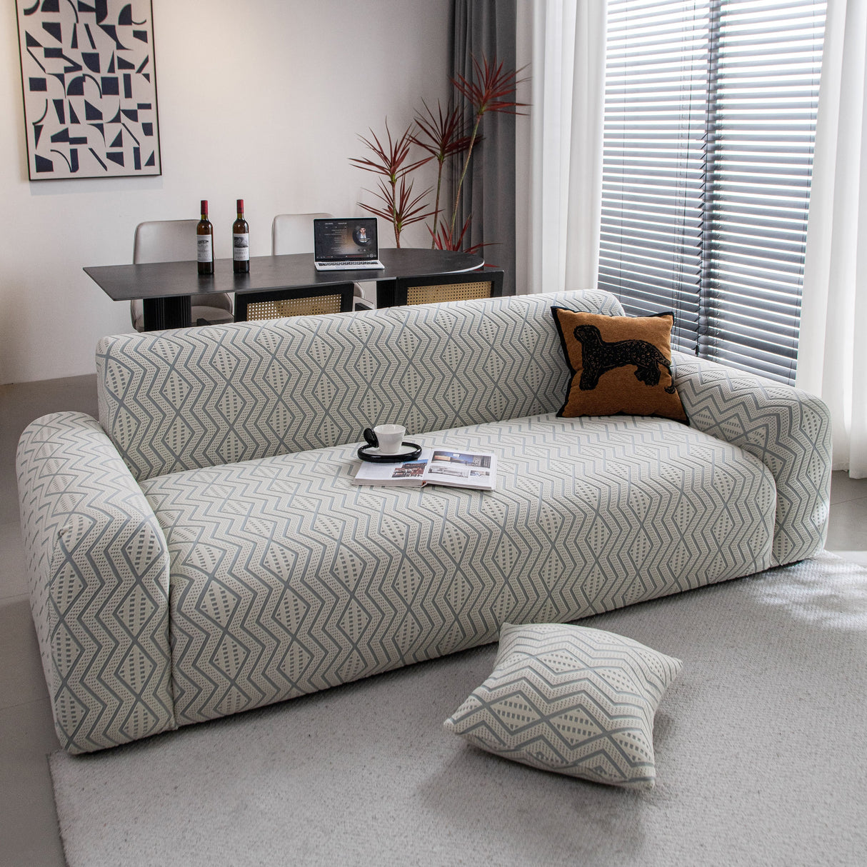 Modern Geometric Jacquard Sofa Slipcover, High Stretch 1-Piece Textured Couch Cover