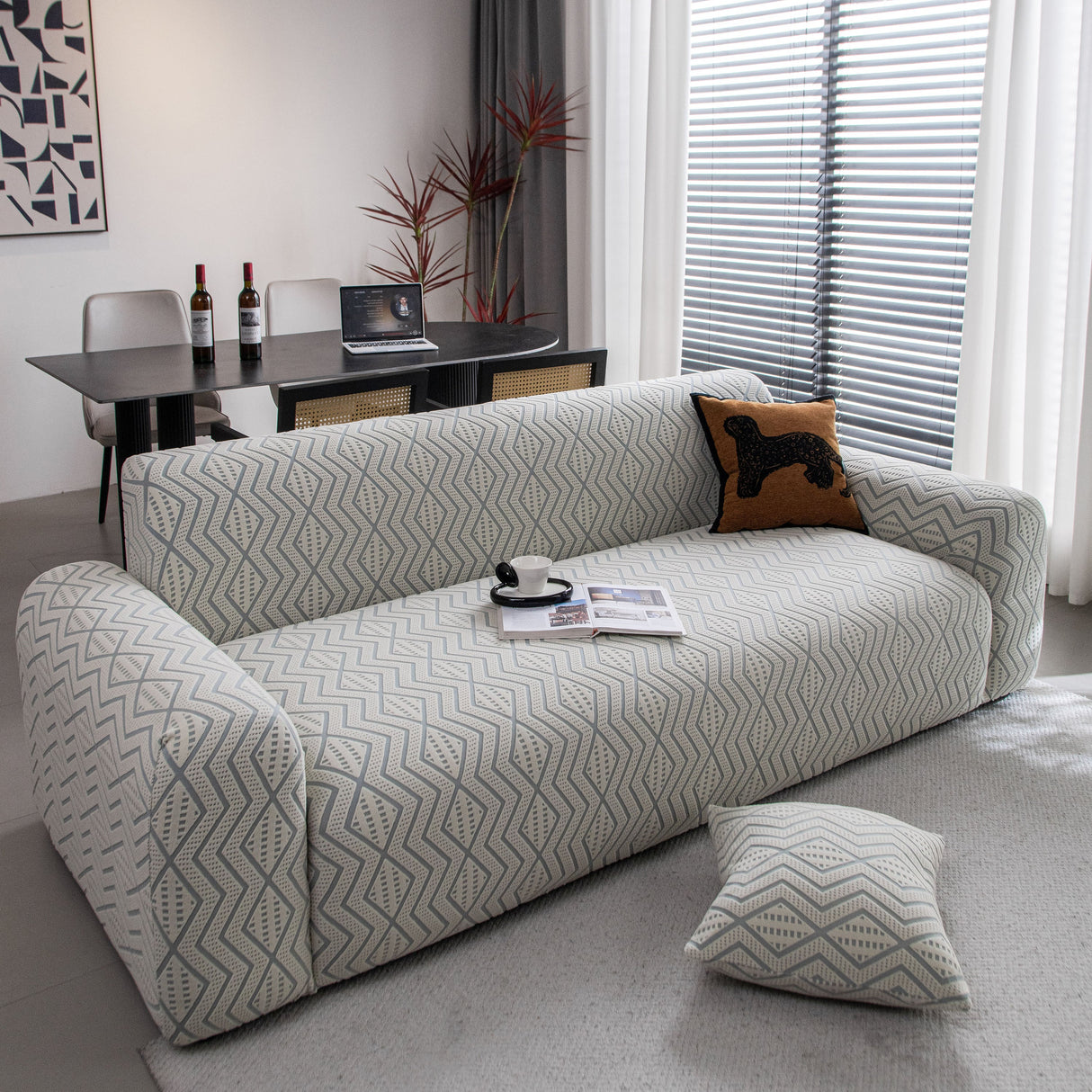 Modern Geometric Jacquard Sofa Slipcover, High Stretch 1-Piece Textured Couch Cover