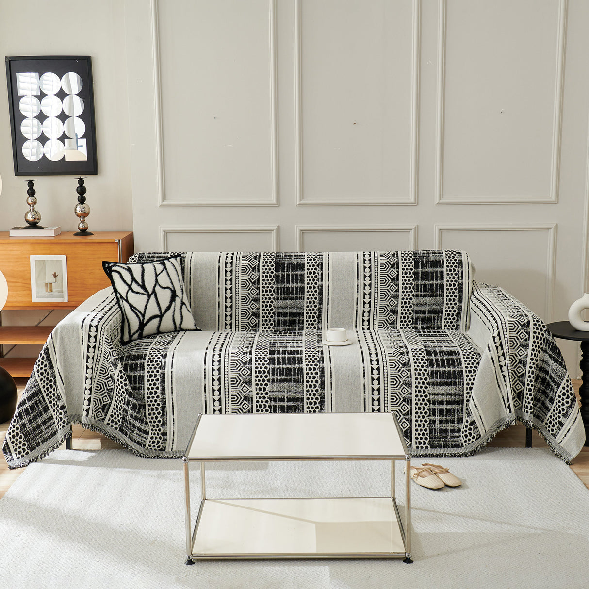 Chenille Sofa Cover Throw Blanket, Boho Geometric Scratch Proof Couch Protector