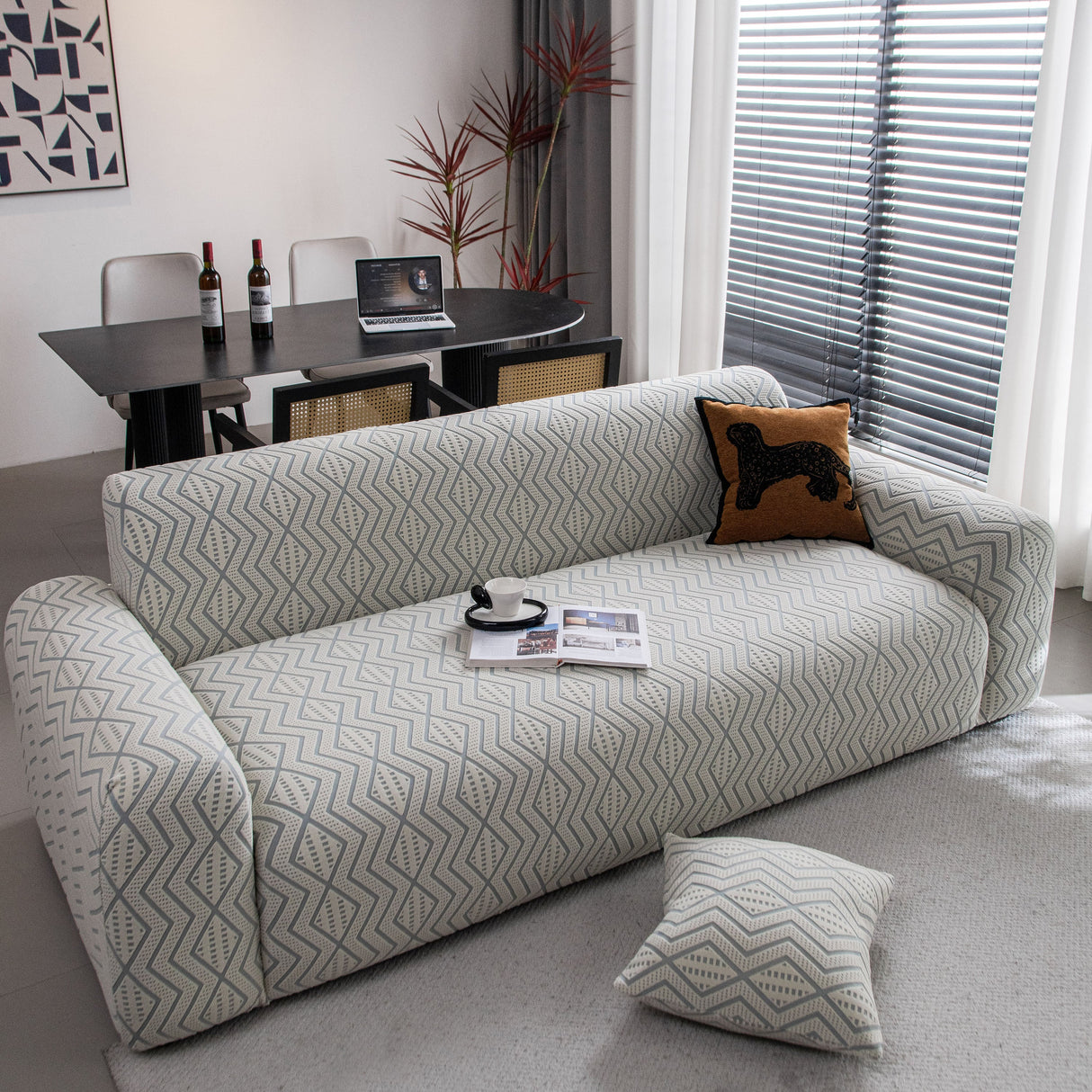 Modern Geometric Jacquard Sofa Slipcover, High Stretch 1-Piece Textured Couch Cover