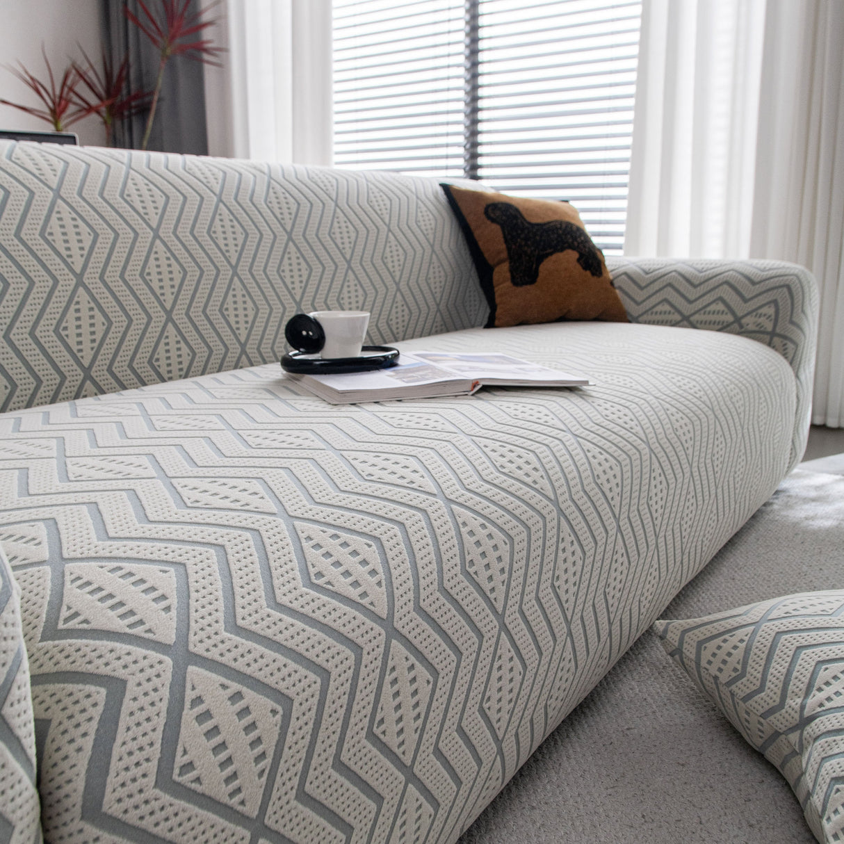 Modern Geometric Jacquard Sofa Slipcover, High Stretch 1-Piece Textured Couch Cover