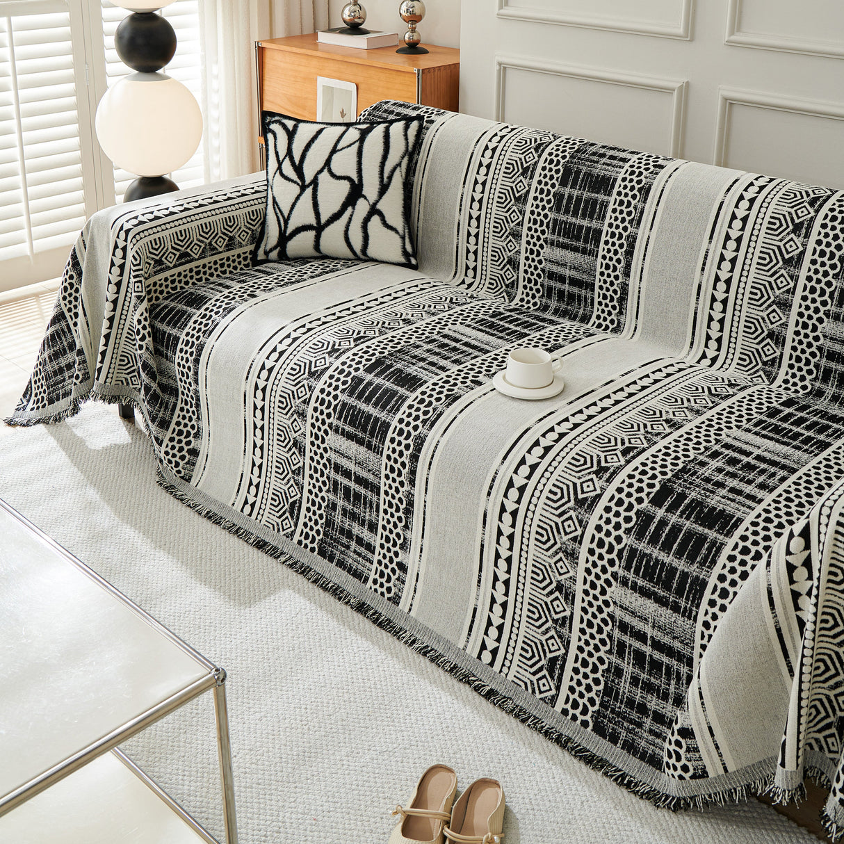 Chenille Sofa Cover Throw Blanket, Boho Geometric Scratch Proof Couch Protector