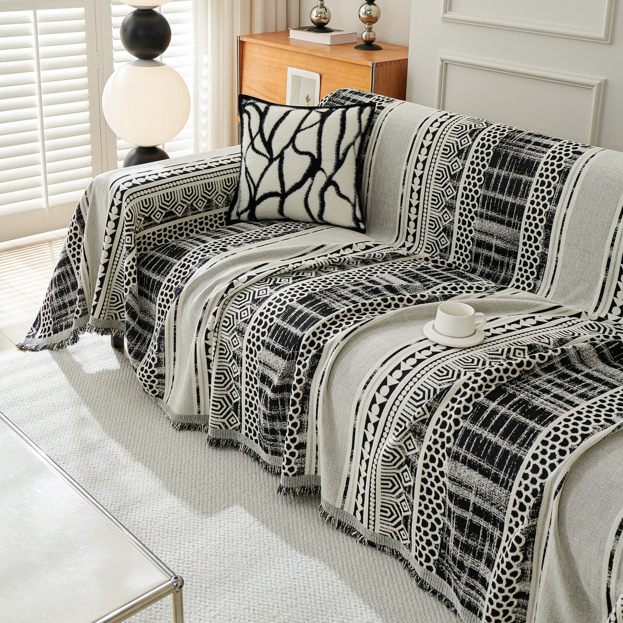 Chenille Sofa Cover Throw Blanket, Boho Geometric Scratch Proof Couch Protector