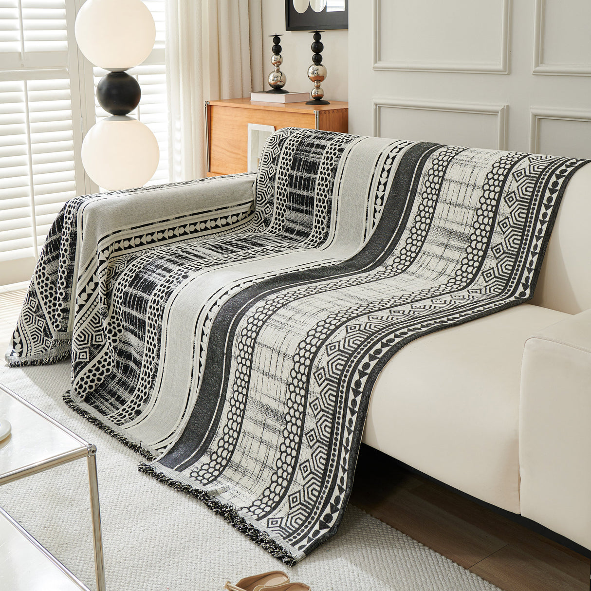 Chenille Sofa Cover Throw Blanket, Boho Geometric Scratch Proof Couch Protector
