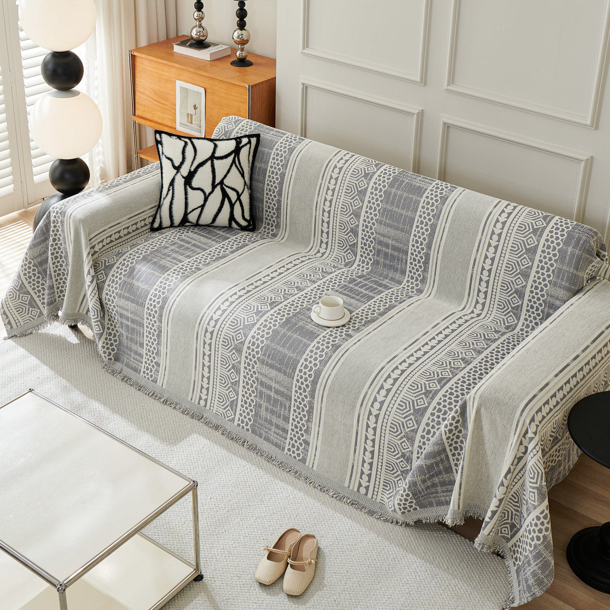 Chenille Sofa Cover Throw Blanket, Boho Geometric Scratch Proof Couch Protector