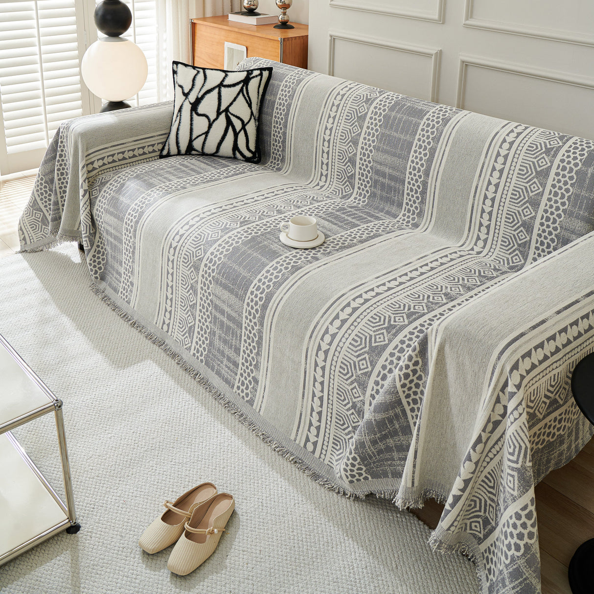 Chenille Sofa Cover Throw Blanket, Boho Geometric Scratch Proof Couch Protector