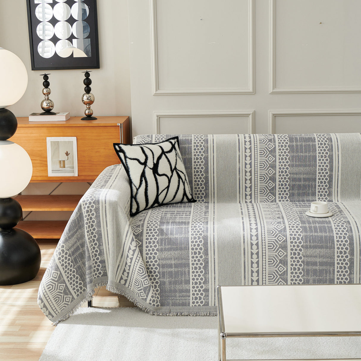 Chenille Sofa Cover Throw Blanket, Boho Geometric Scratch Proof Couch Protector