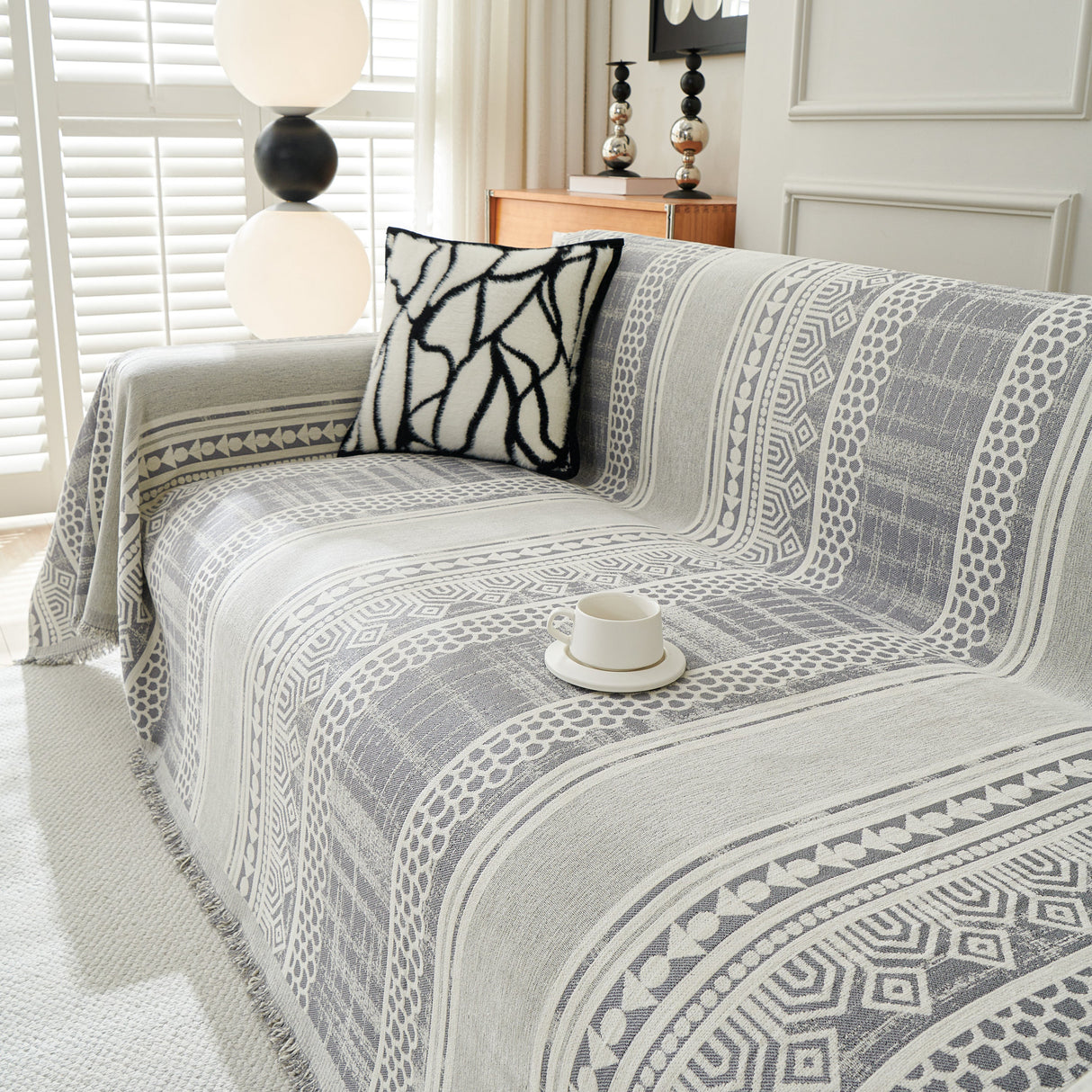 Chenille Sofa Cover Throw Blanket, Boho Geometric Scratch Proof Couch Protector