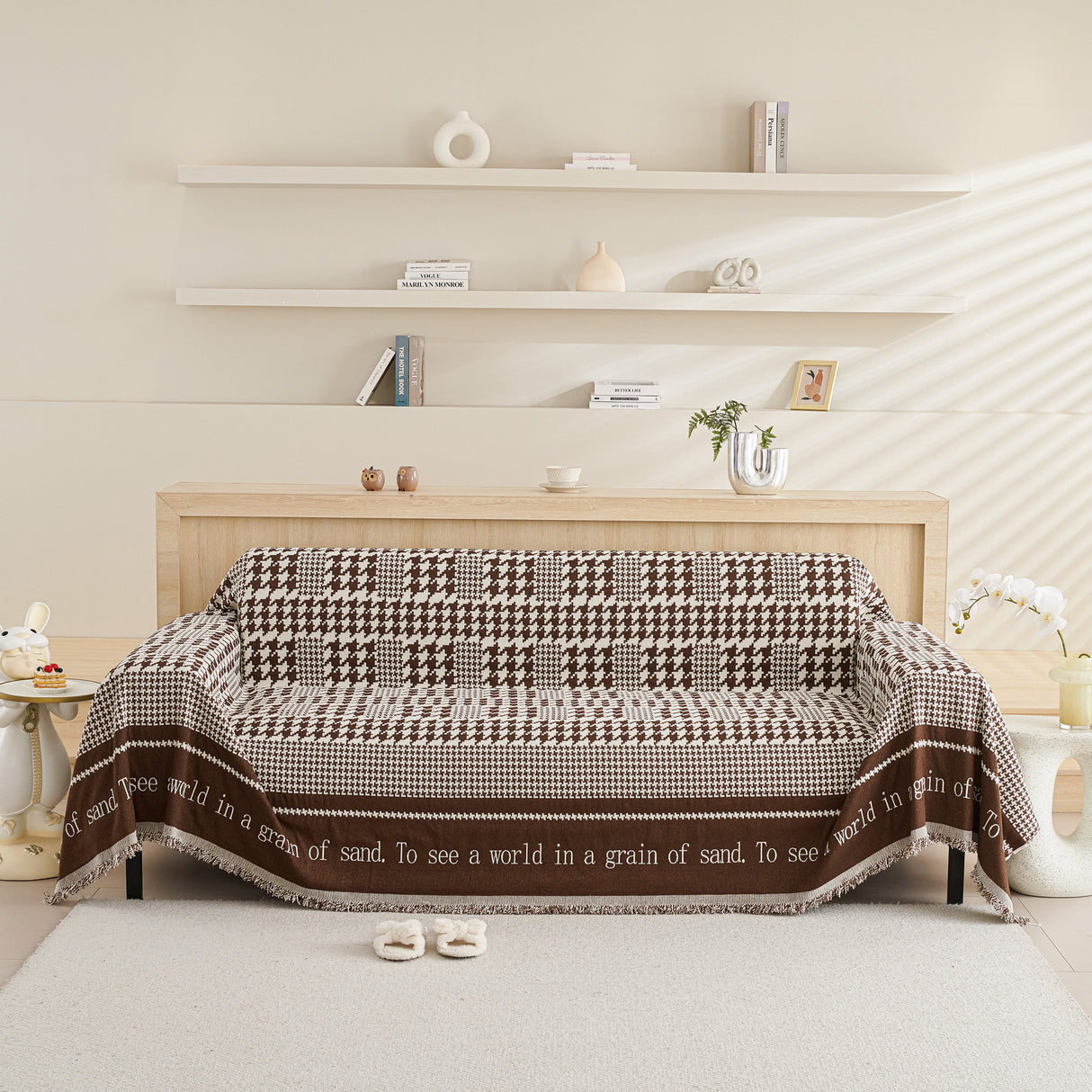 Chenille Houndstooth Couch Cover, Chaise Lounge Blanket Cover, Sectional Couch Scratch Protector