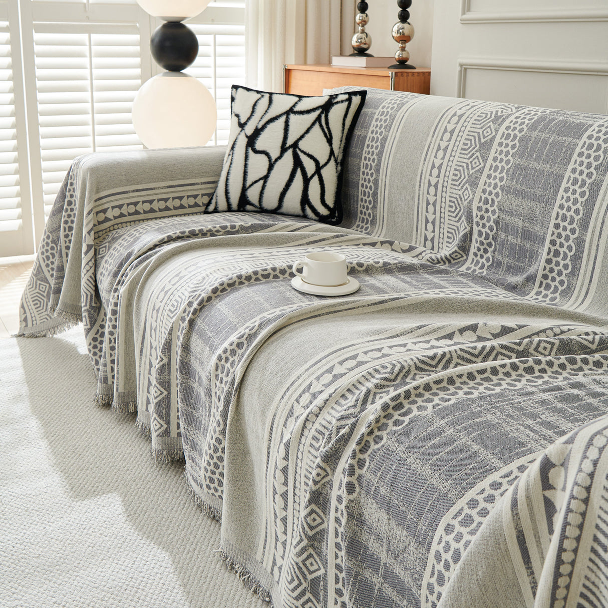 Chenille Sofa Cover Throw Blanket, Boho Geometric Scratch Proof Couch Protector