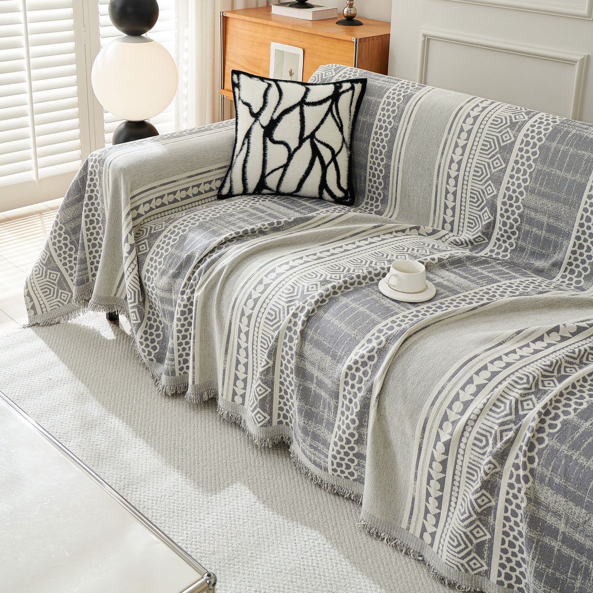 Chenille Sofa Cover Throw Blanket, Boho Geometric Scratch Proof Couch Protector