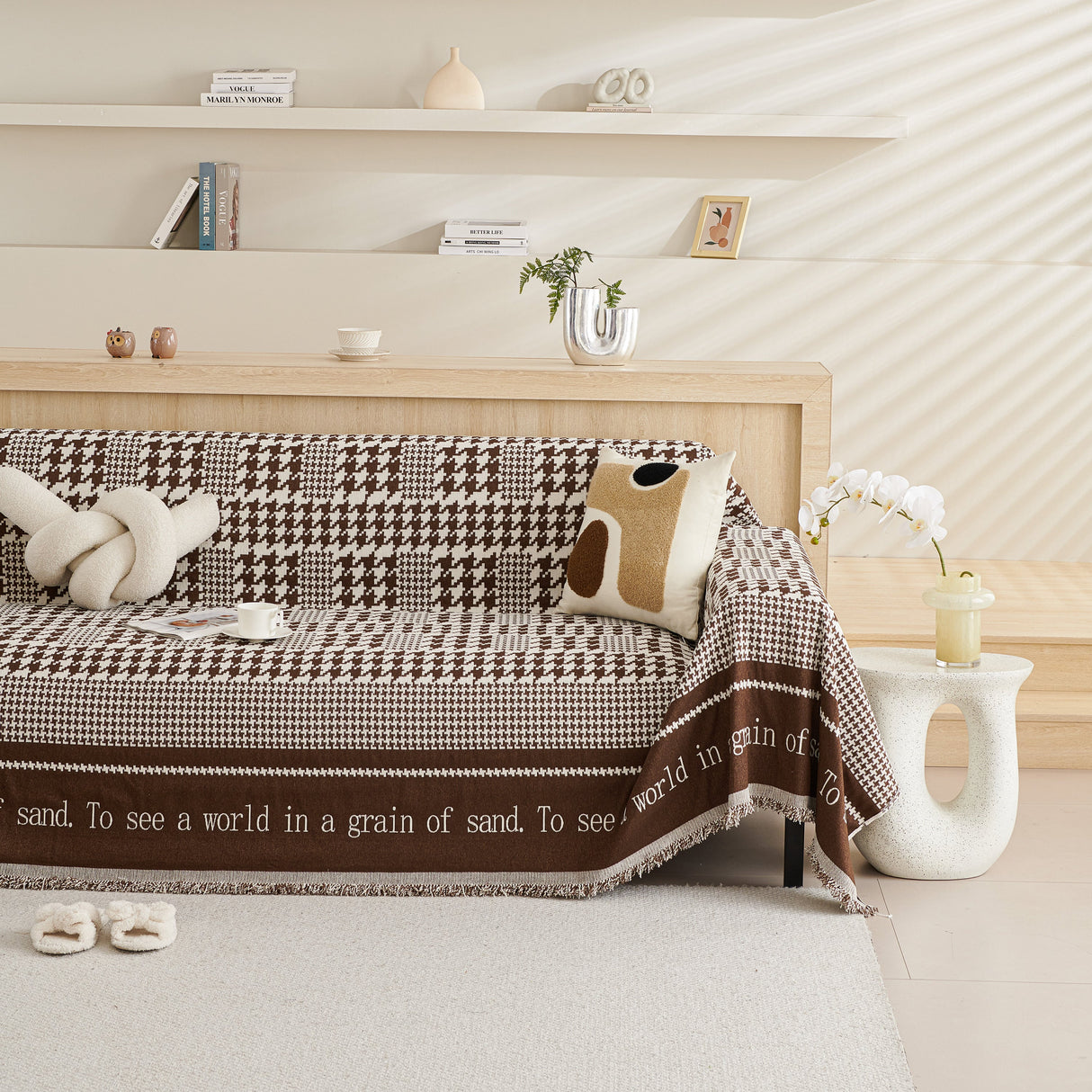 Chenille Houndstooth Couch Cover, Chaise Lounge Blanket Cover, Sectional Couch Scratch Protector