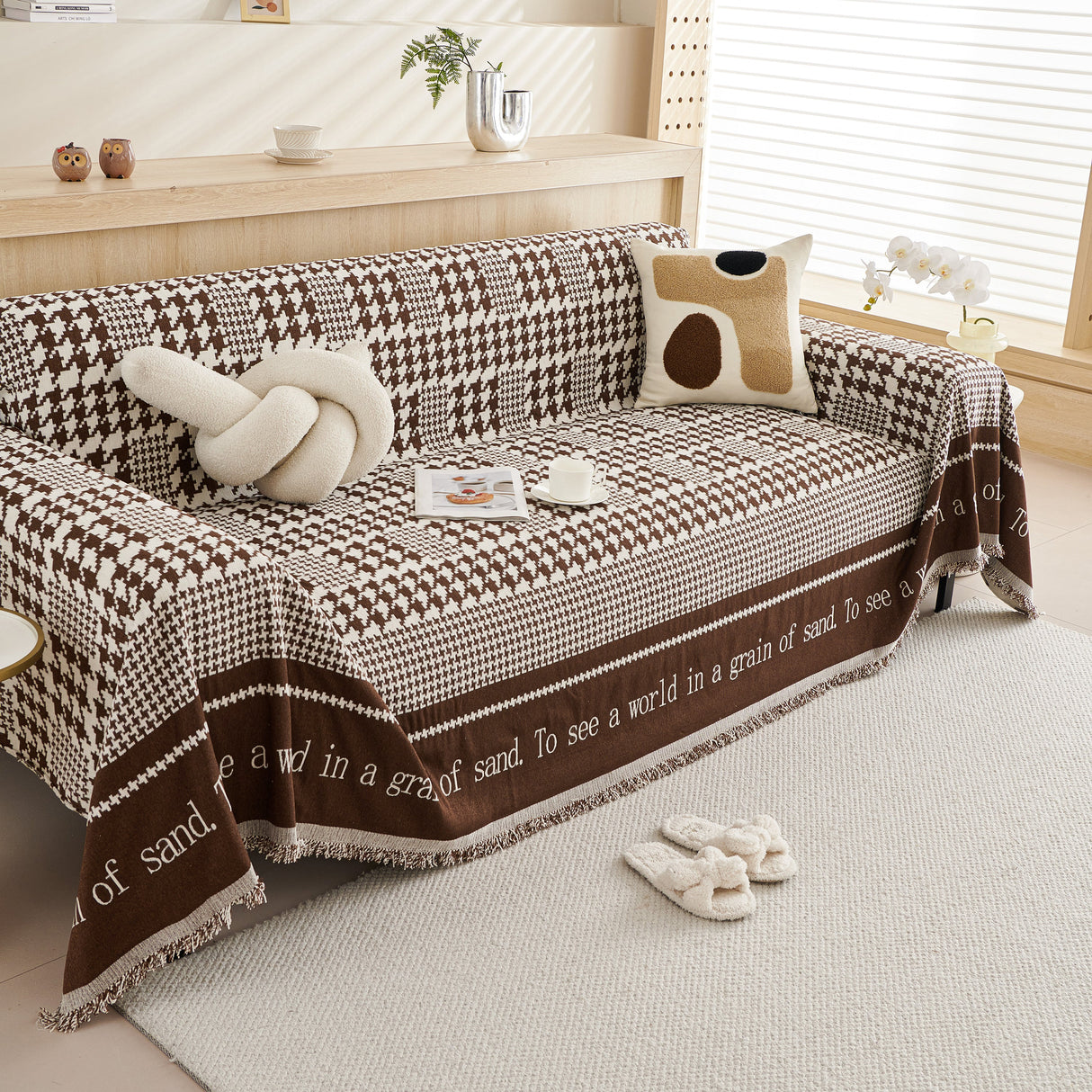 Chenille Houndstooth Couch Cover, Chaise Lounge Blanket Cover, Sectional Couch Scratch Protector