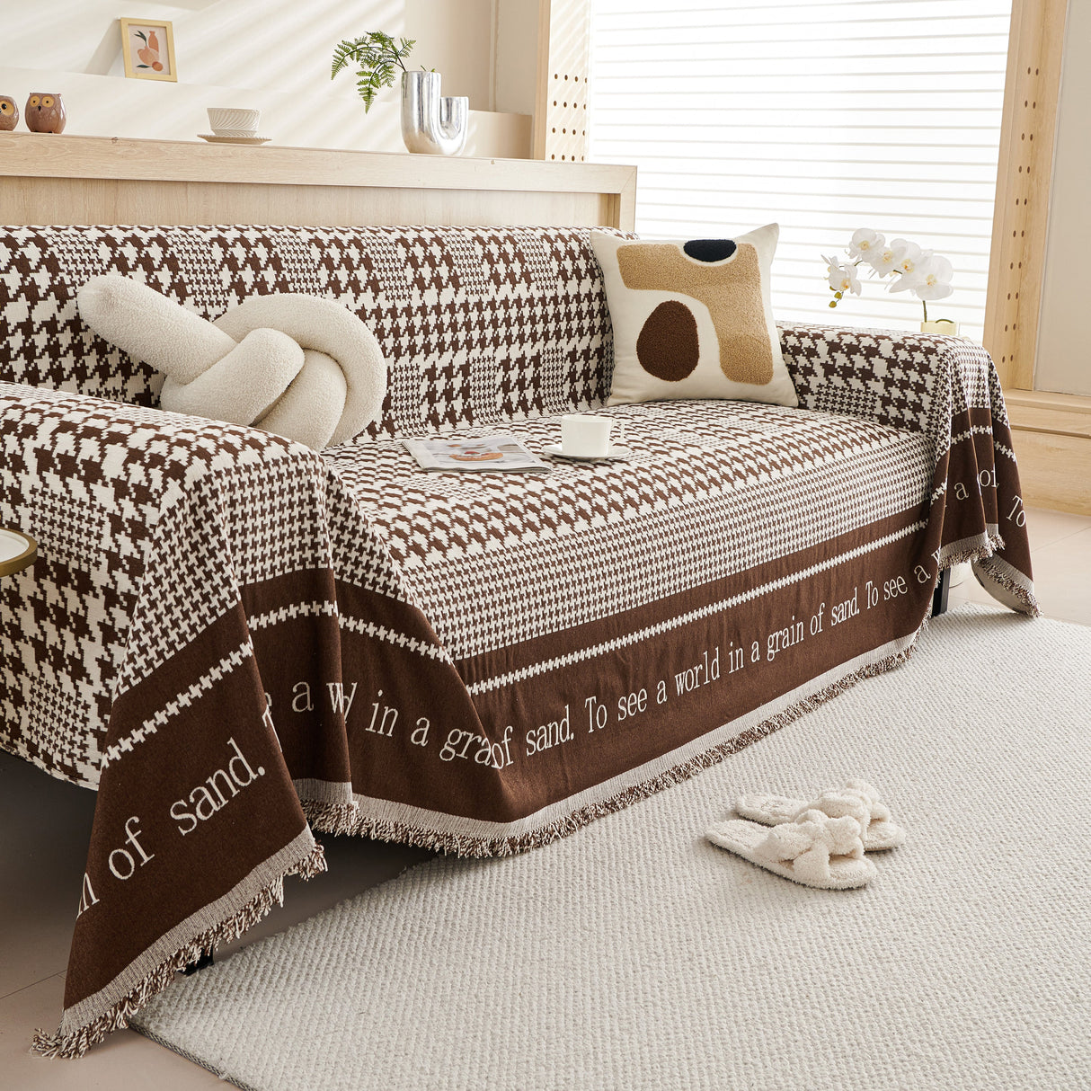 Chenille Houndstooth Couch Cover, Chaise Lounge Blanket Cover, Sectional Couch Scratch Protector