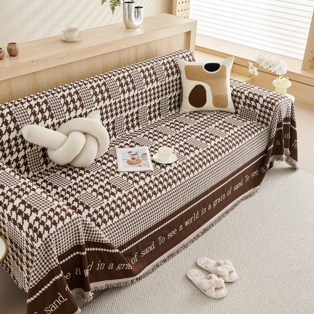 Chenille Houndstooth Couch Cover, Chaise Lounge Blanket Cover, Sectional Couch Scratch Protector