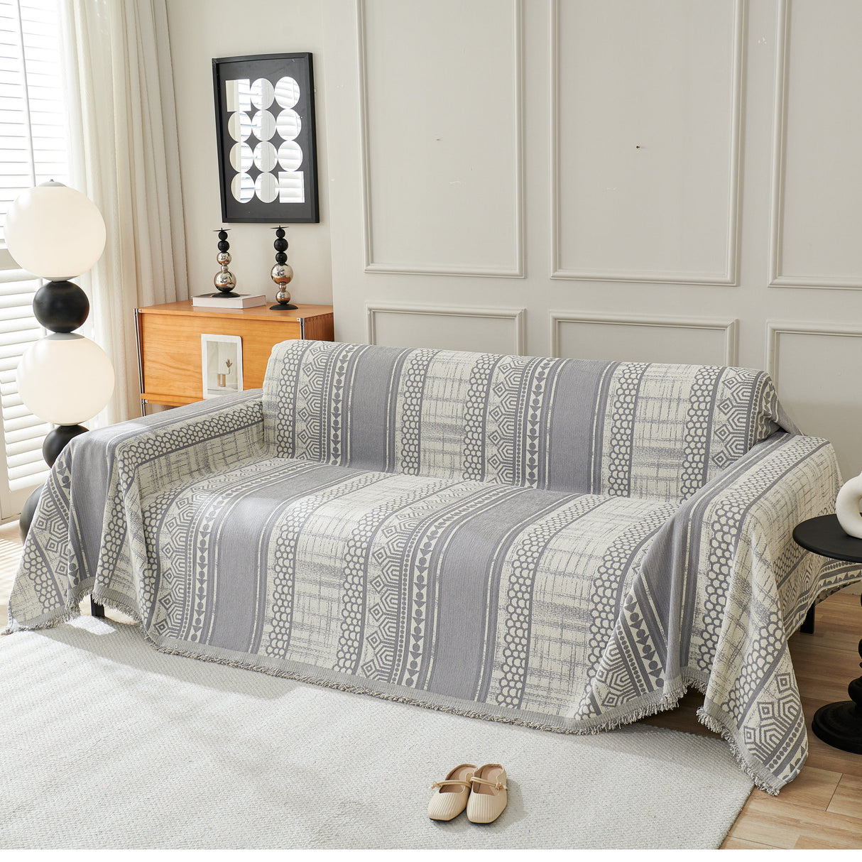 Chenille Sofa Cover Throw Blanket, Boho Geometric Scratch Proof Couch Protector