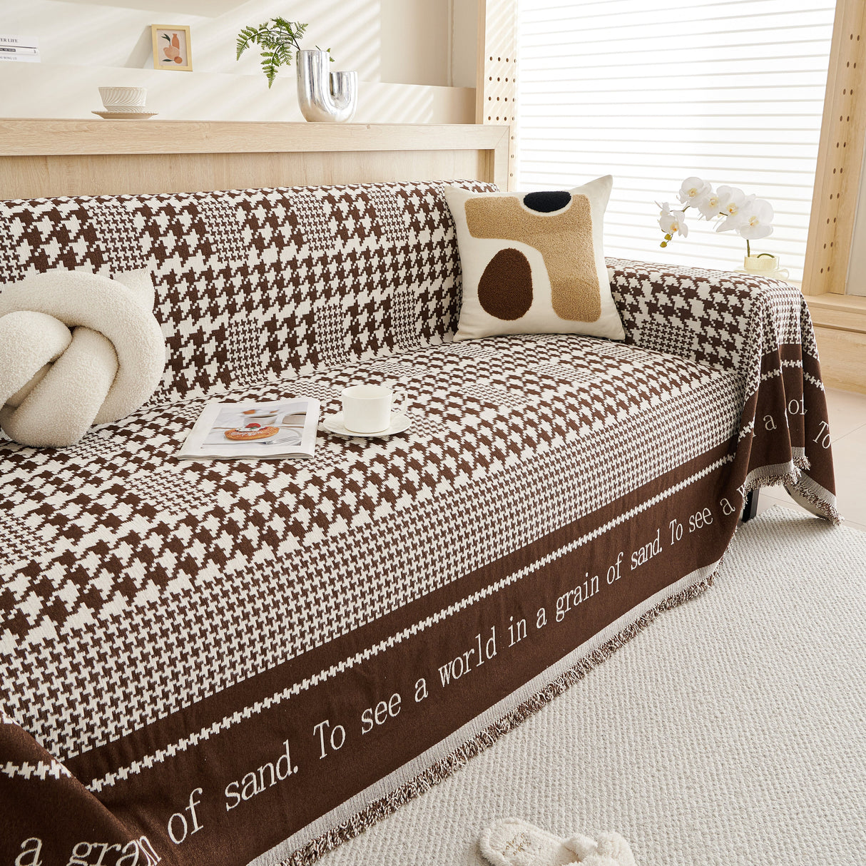 Chenille Houndstooth Couch Cover, Chaise Lounge Blanket Cover, Sectional Couch Scratch Protector