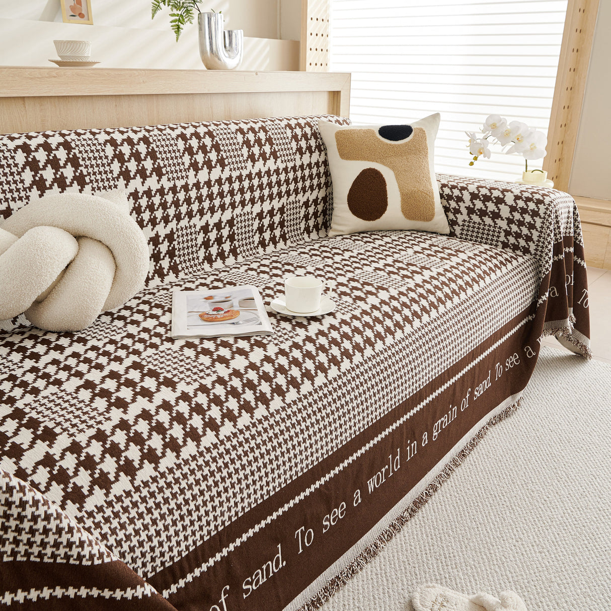 Chenille Houndstooth Couch Cover, Chaise Lounge Blanket Cover, Sectional Couch Scratch Protector