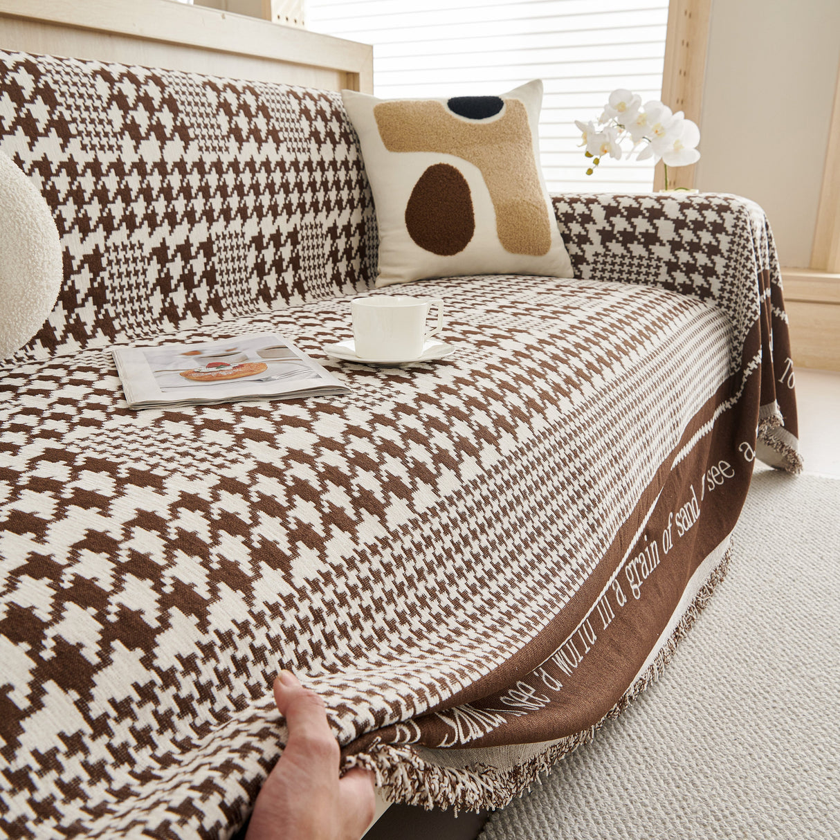 Chenille Houndstooth Couch Cover, Chaise Lounge Blanket Cover, Sectional Couch Scratch Protector