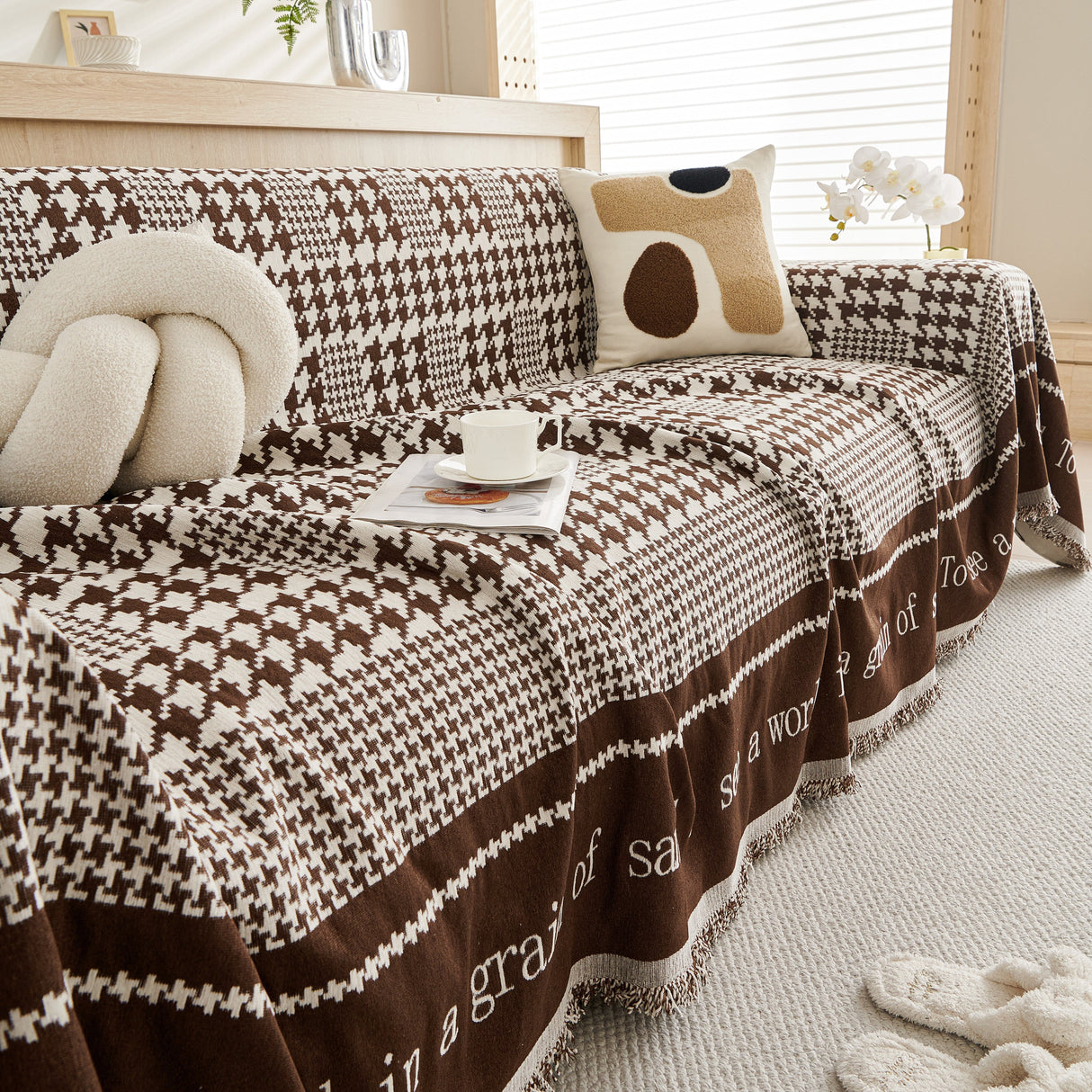 Chenille Houndstooth Couch Cover, Chaise Lounge Blanket Cover, Sectional Couch Scratch Protector