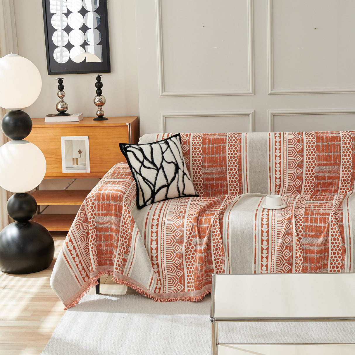 Chenille Sofa Cover Throw Blanket, Boho Geometric Scratch Proof Couch Protector