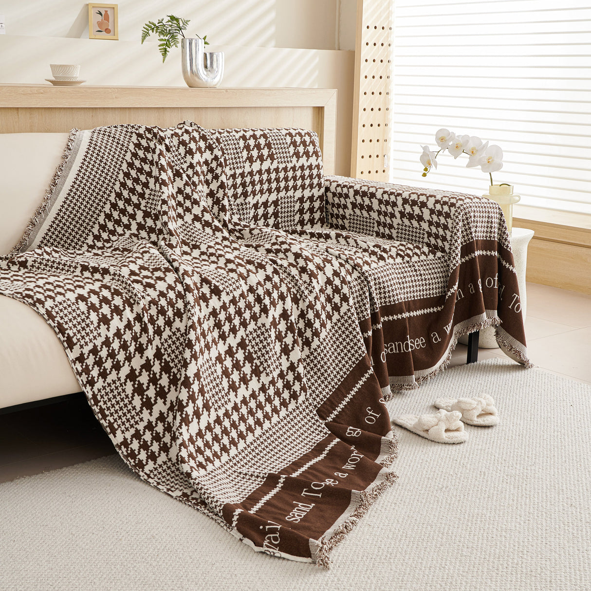 Chenille Houndstooth Couch Cover, Chaise Lounge Blanket Cover, Sectional Couch Scratch Protector