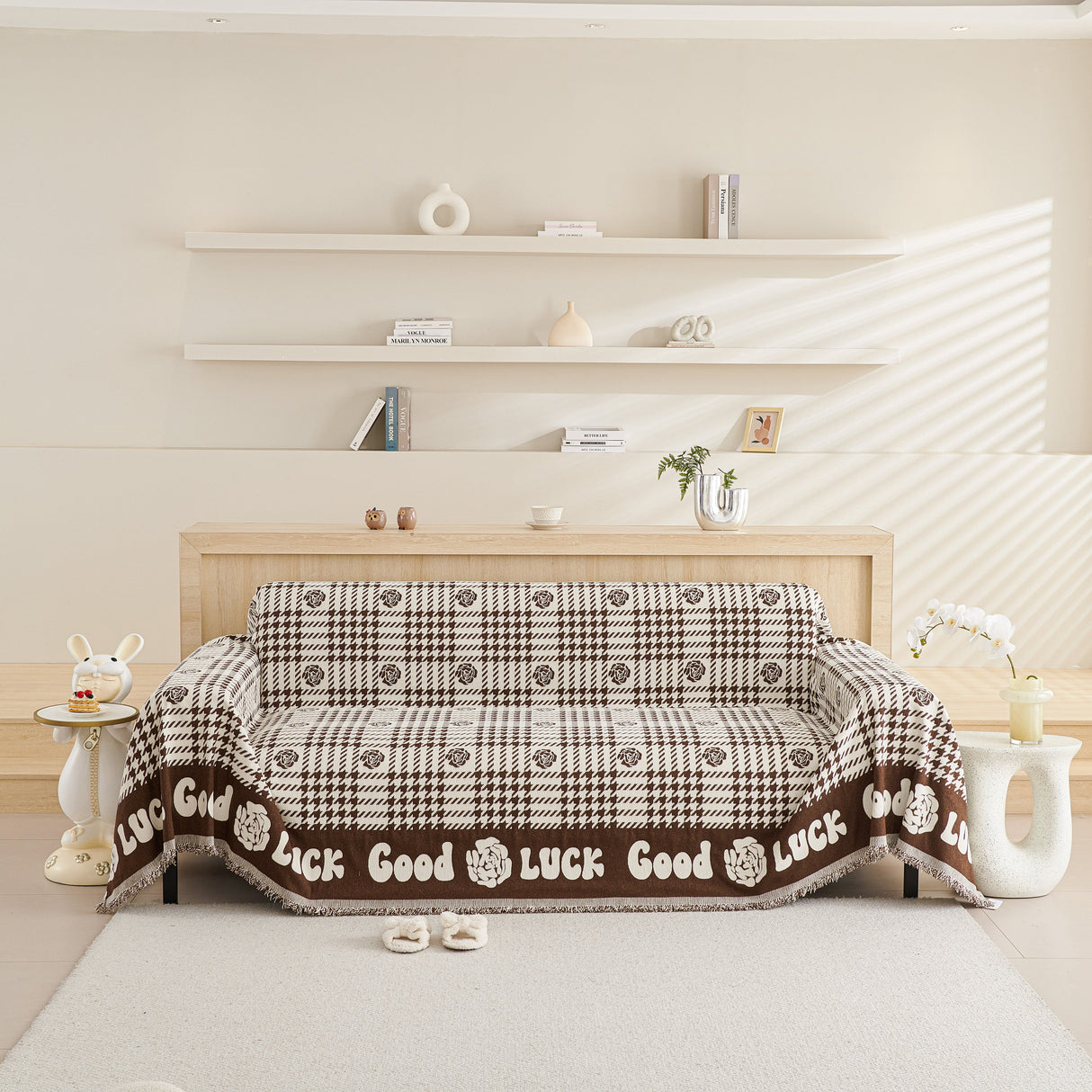 Chenille Houndstooth Sofa Throw Cover, Scratch Proof Cozy Throw Blankets for Couch