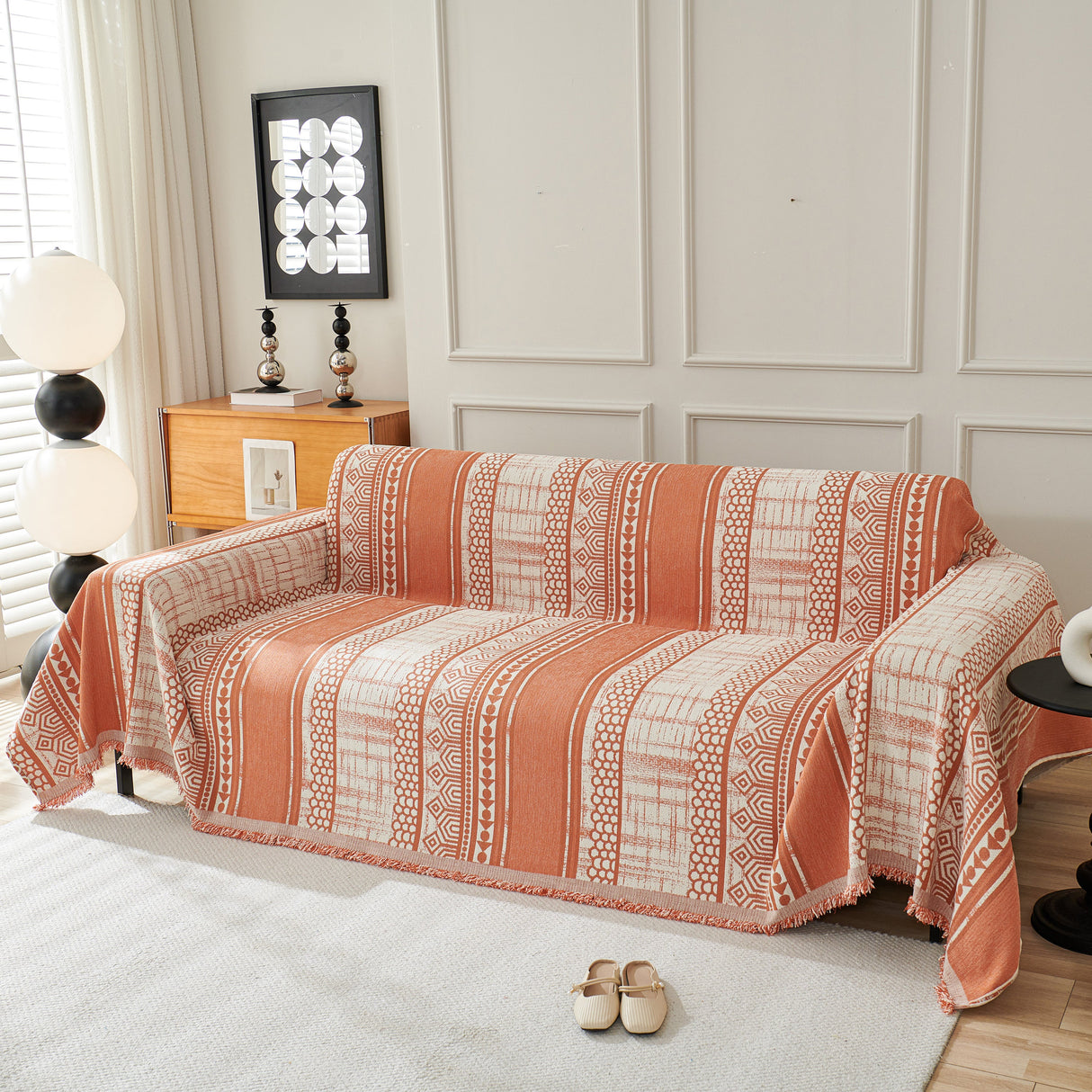 Chenille Sofa Cover Throw Blanket, Boho Geometric Scratch Proof Couch Protector